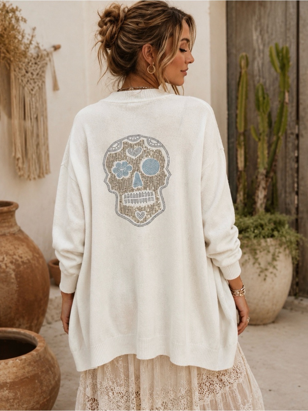 Venti6 Sequin Skull Motif Cardigan